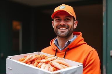 魚介の箱を持つ配達員